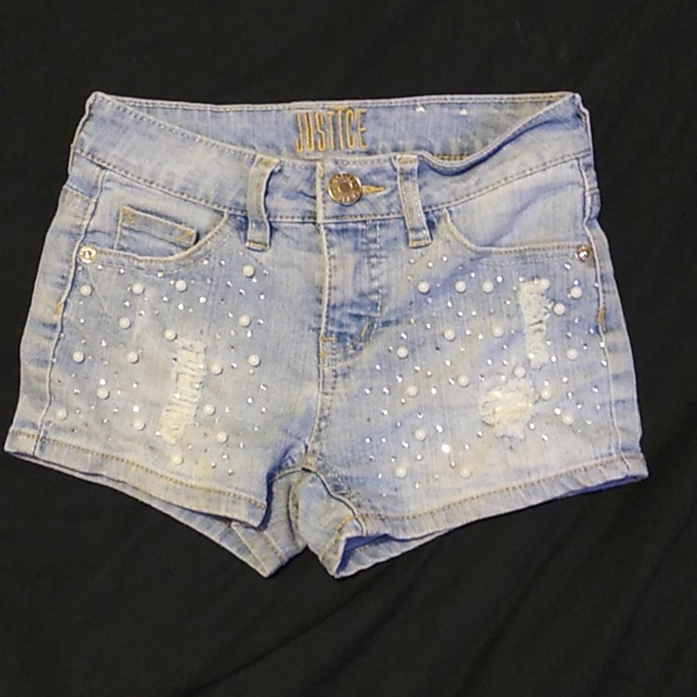 Justice denim shorts with diamonds and pearls size 10